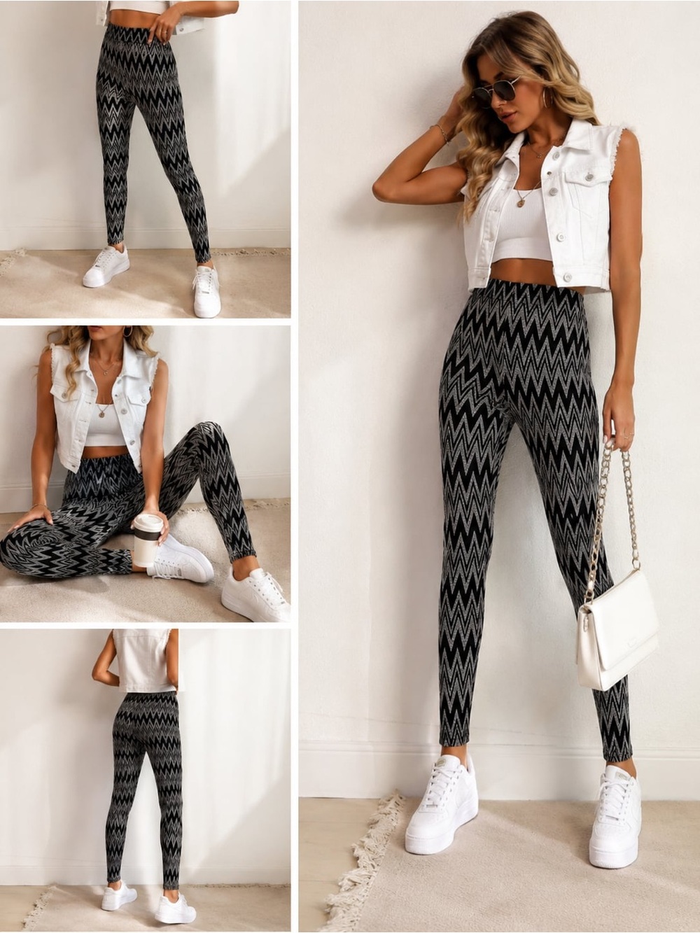 High-Waist Black & Gray Zigzag See You Monday Leggings size L